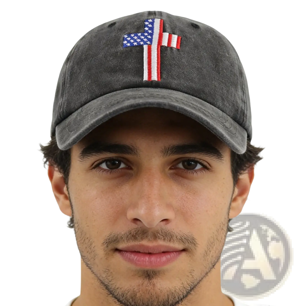 A dark gray distressed American flag cross baseball cap with prominent embroidered front design