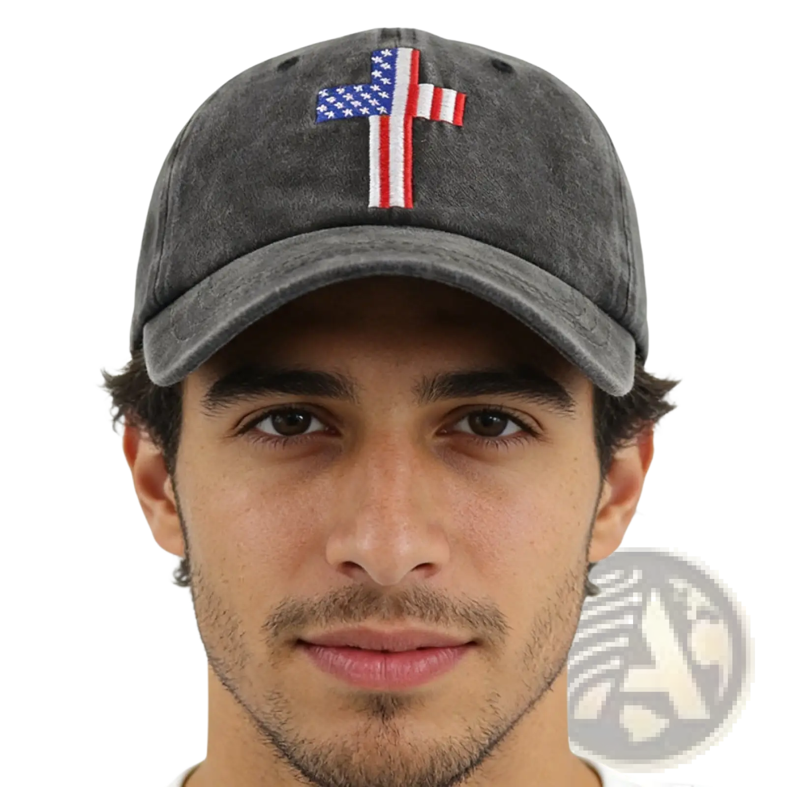 A dark gray distressed American flag cross baseball cap with prominent embroidered front design