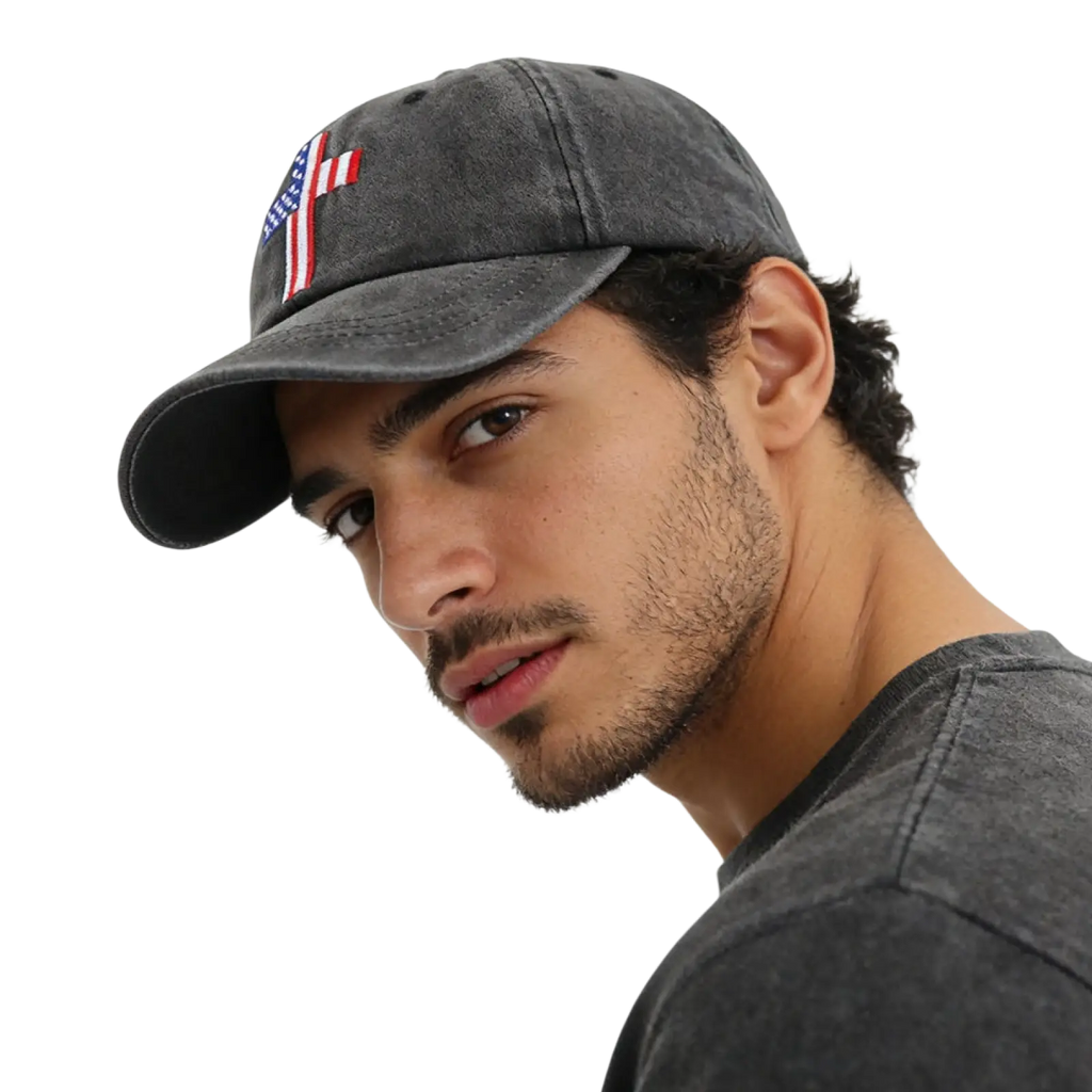 Dark gray distressed baseball cap with red white and blue embroidered american flag cross patch on front