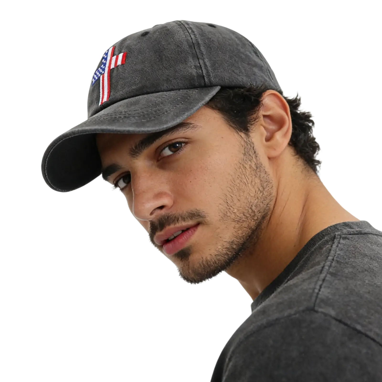 Dark gray distressed baseball cap with red white and blue embroidered american flag cross patch on front
