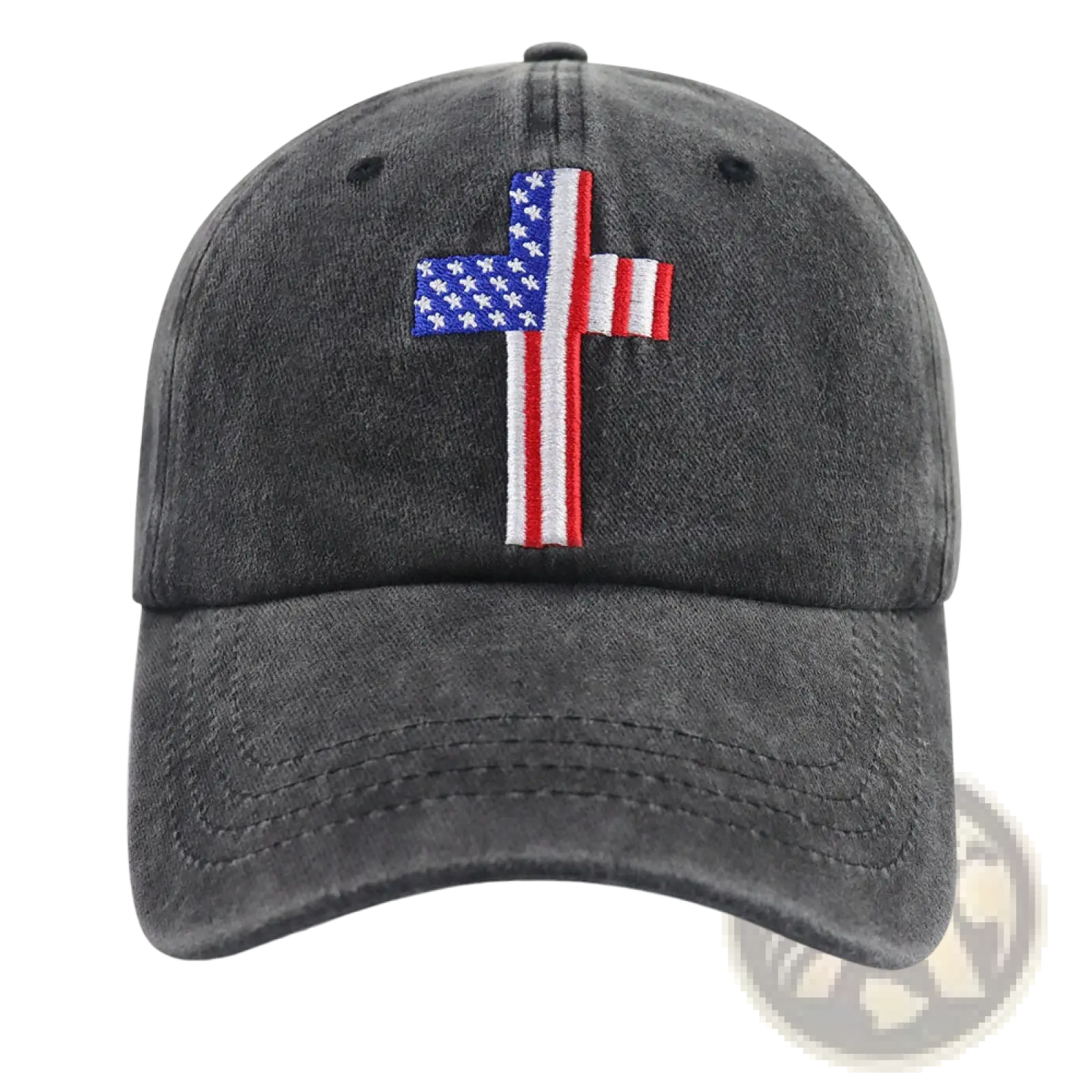 Dark gray denim baseball cap with prominent embroidered american flag cross design called American Flag Cross Baseball Cap