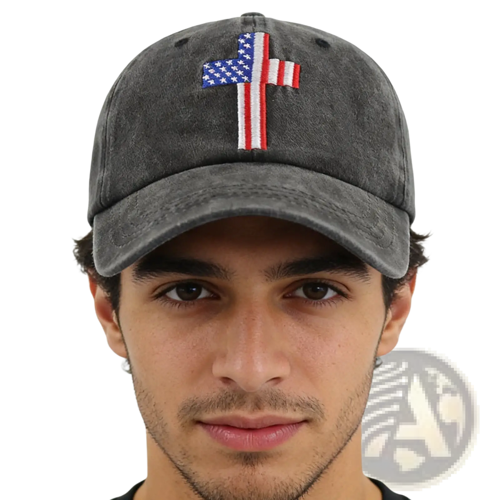 A dark gray distressed cotton baseball cap with an embroidered american flag cross on the front