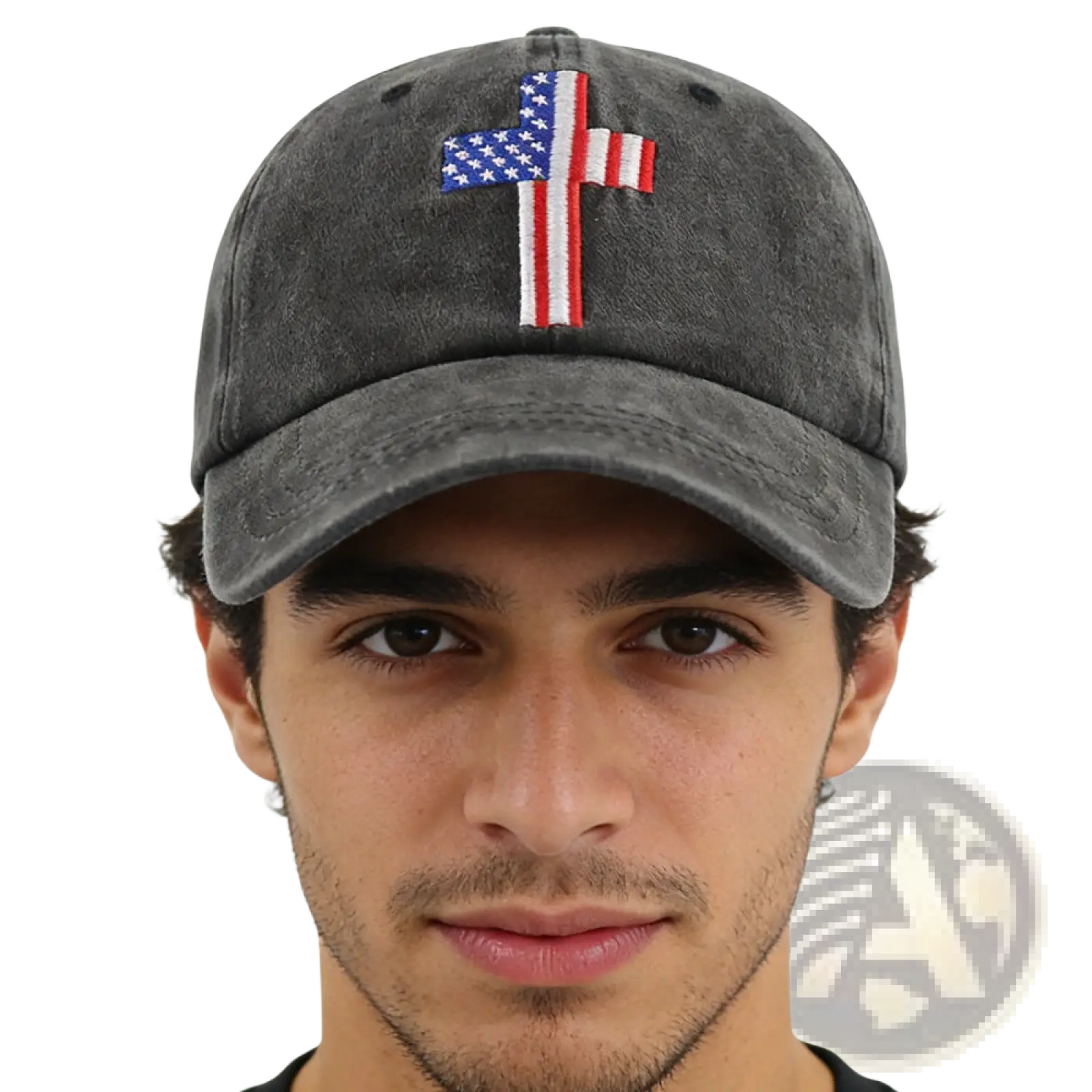 A dark gray distressed cotton baseball cap with an embroidered american flag cross on the front