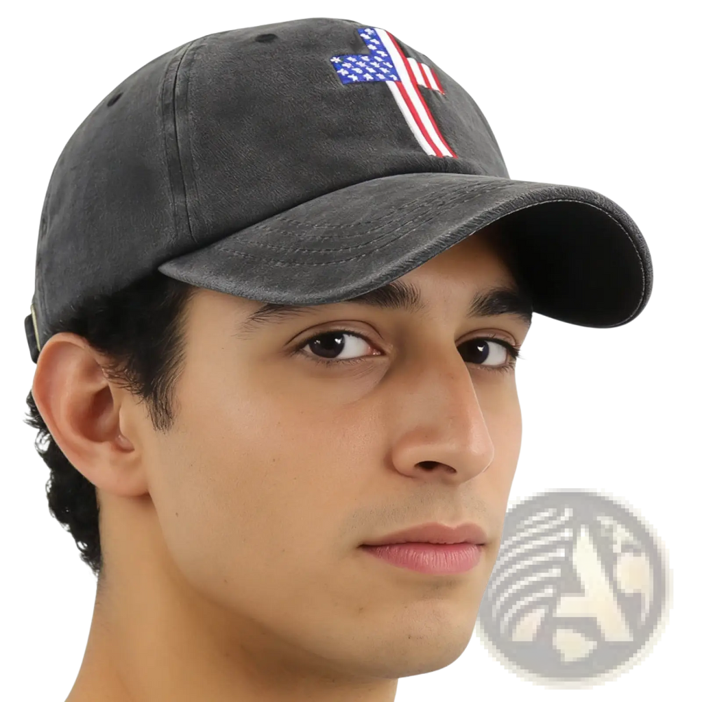 Dark gray baseball cap with embroidered american flag cross on front, perfect for patriotic outdoor wear