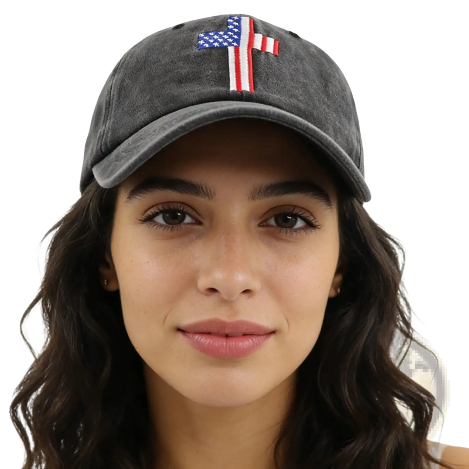 A dark gray distressed baseball cap made of fabric featuring an embroidered American flag cross on the front