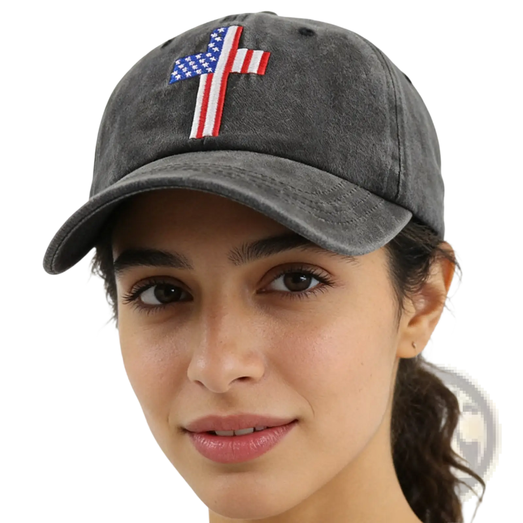 A dark gray distressed cotton baseball cap with an embroidered American flag cross on the front
