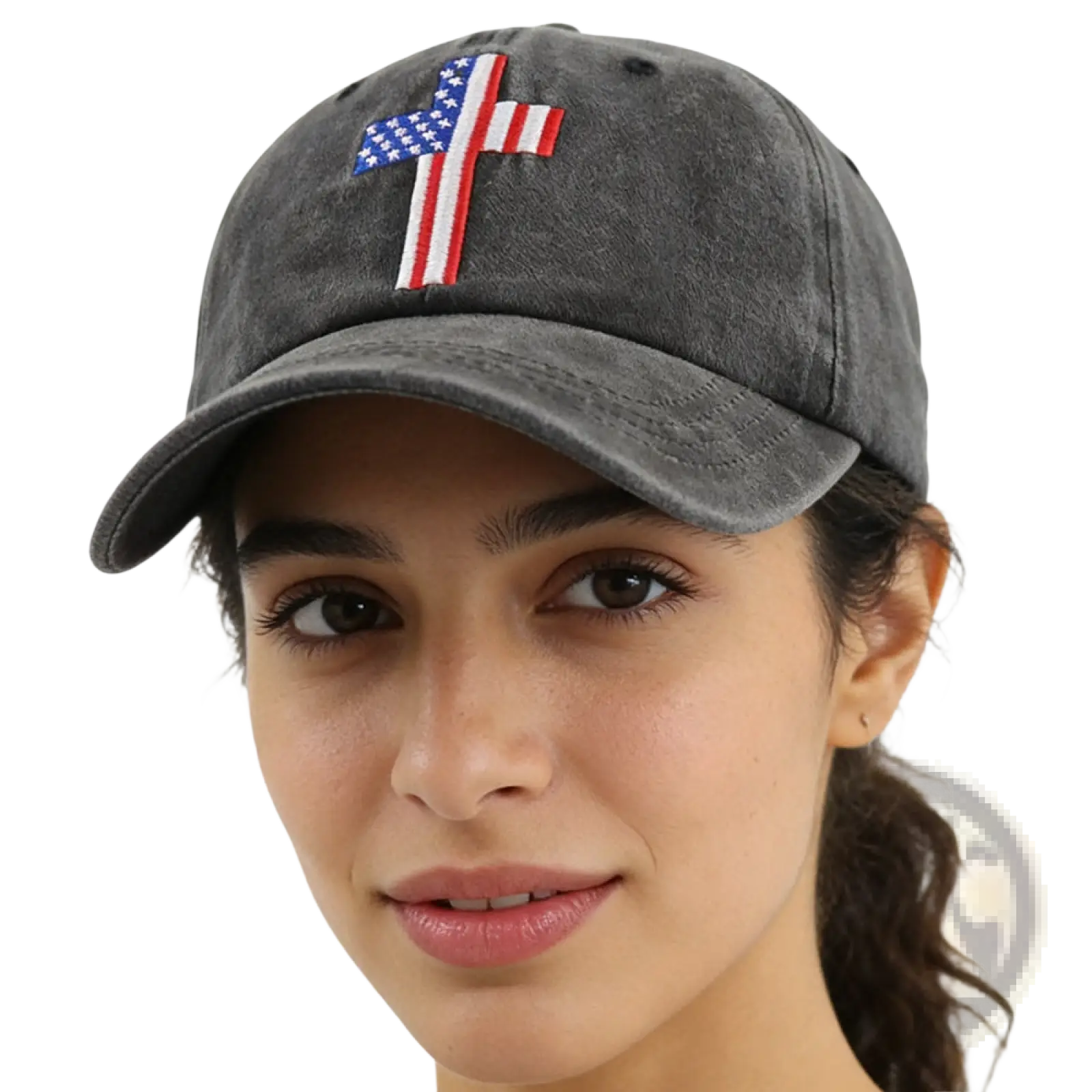 A dark gray distressed cotton baseball cap with an embroidered American flag cross on the front