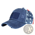 Distressed blue denim baseball cap for women with mesh back american flag pattern and stitched front patch