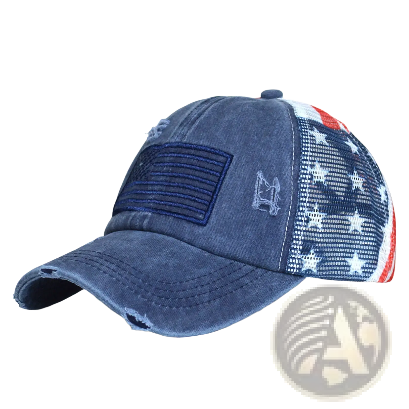 Distressed blue denim baseball cap for women with mesh back american flag pattern and stitched front patch
