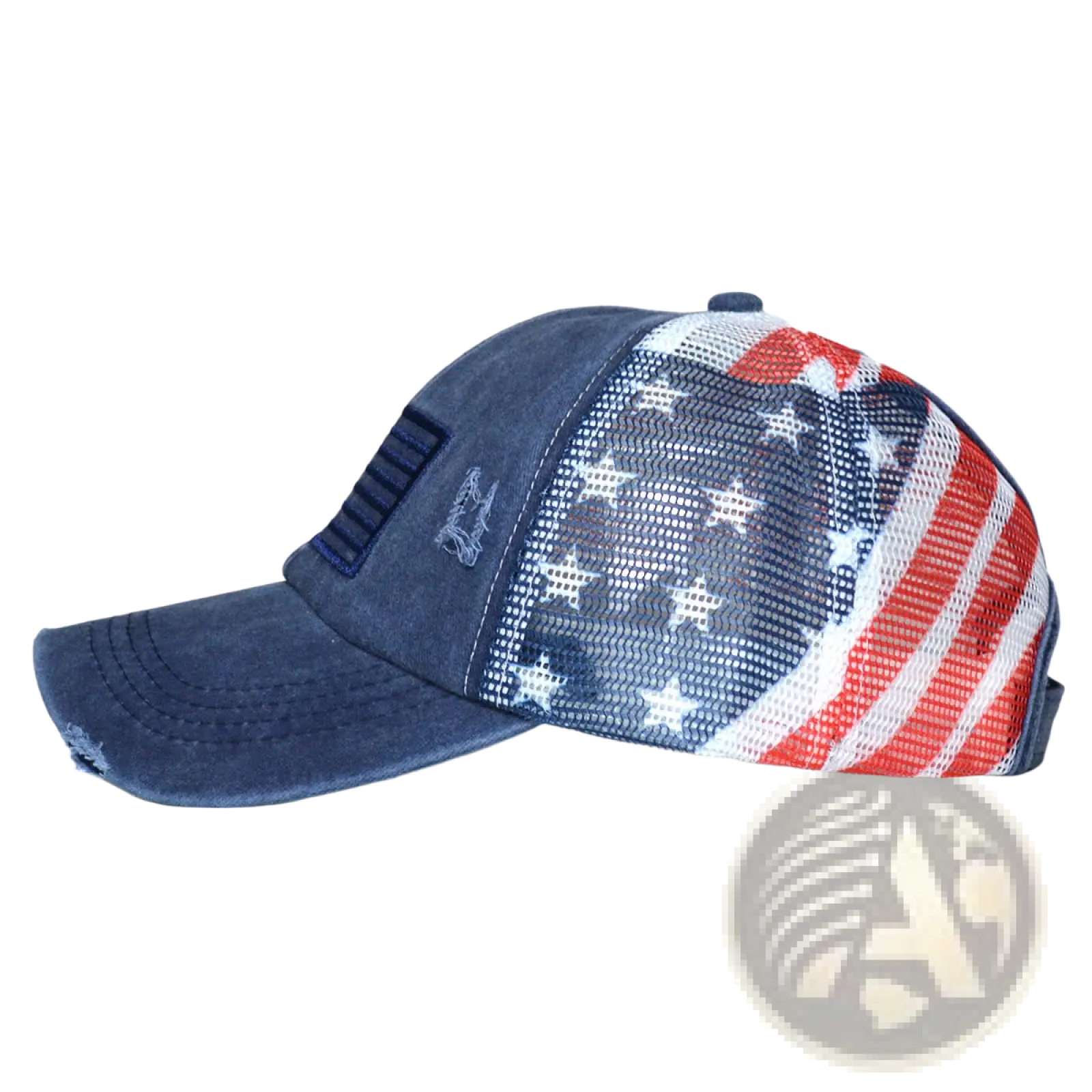 Blue distressed denim trucker hat with mesh back featuring american flag design in red white and blue for women