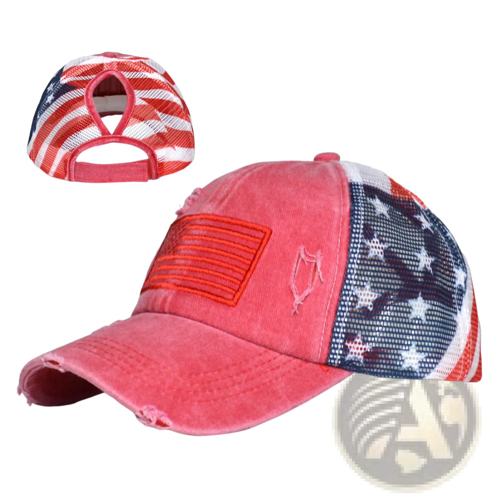 A distressed coral trucker hat with mesh back featuring american flag pattern and matching embroidered patch
