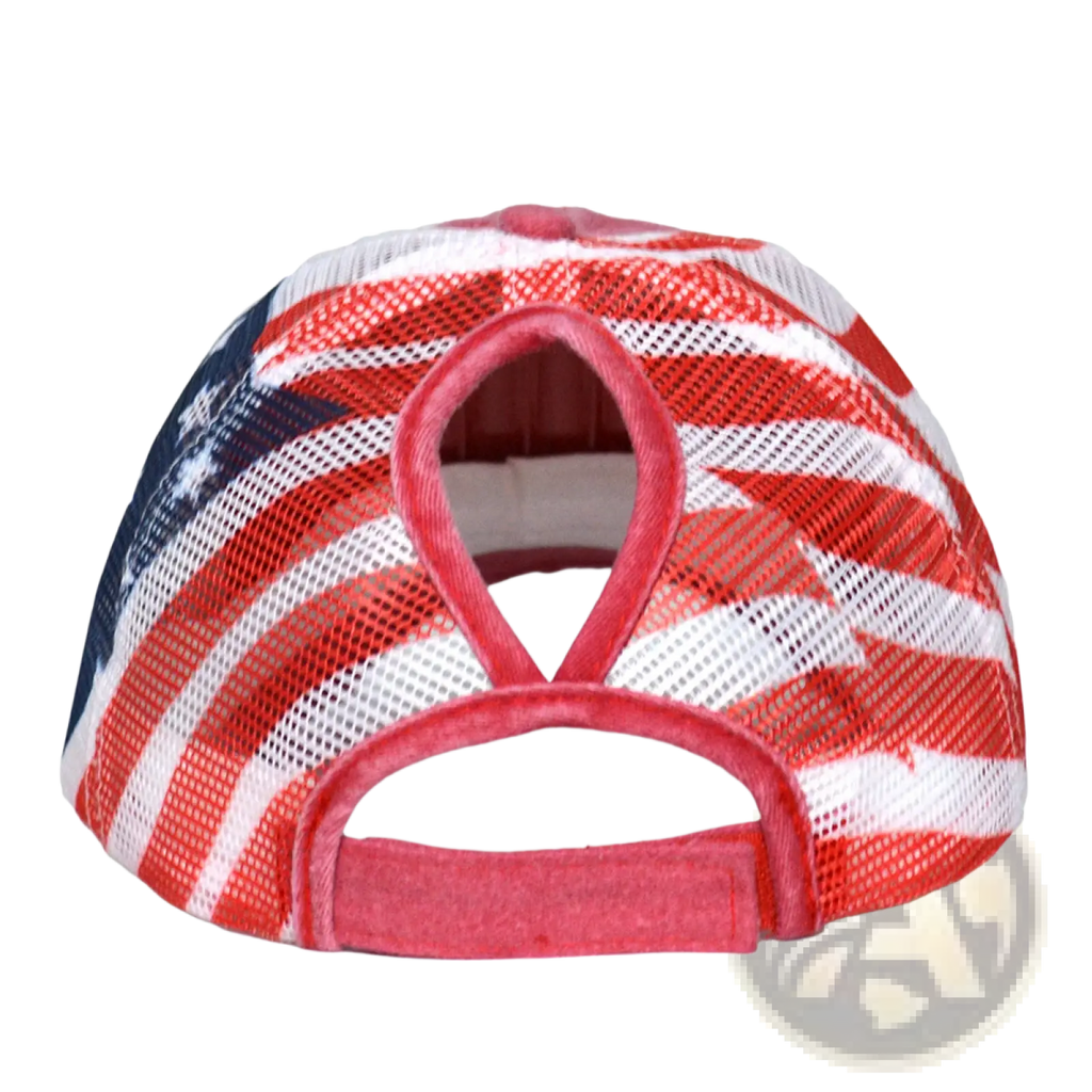 American flag denim baseball cap for women featuring red white and blue mesh trucker design with pink adjustable strap