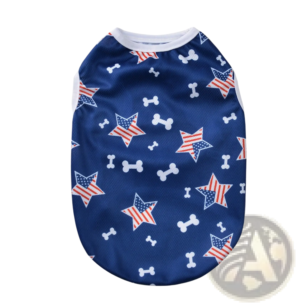 American flag dog mesh vest usa pet shirt featuring a blue shirt with white stars and bones in flag colors