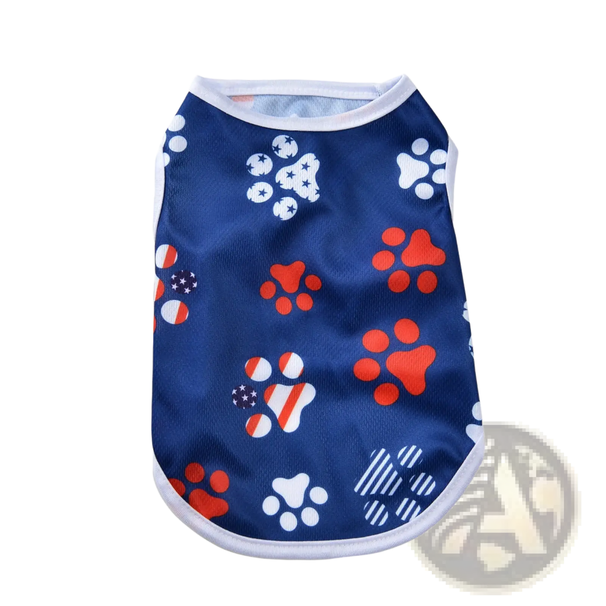 A navy blue American Flag dog mesh vest featuring a playful pattern of red white and orange paw prints with stars and stripes