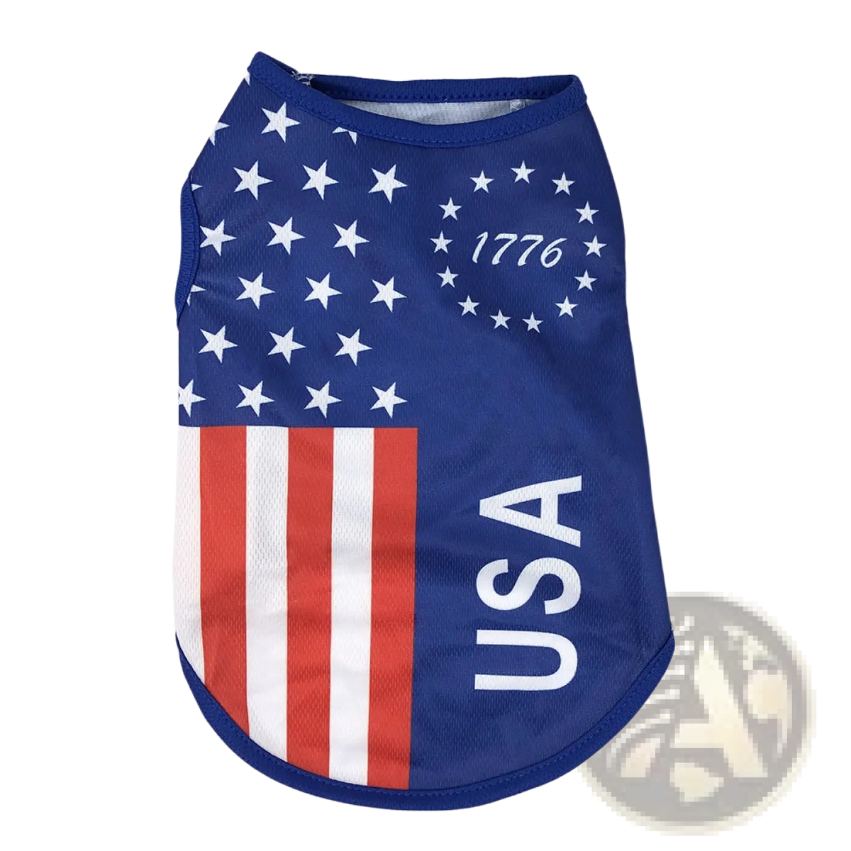 Blue dog shirt with white stars red and white stripes and usa 1776 text american flag dog mesh vest usa pet shirt