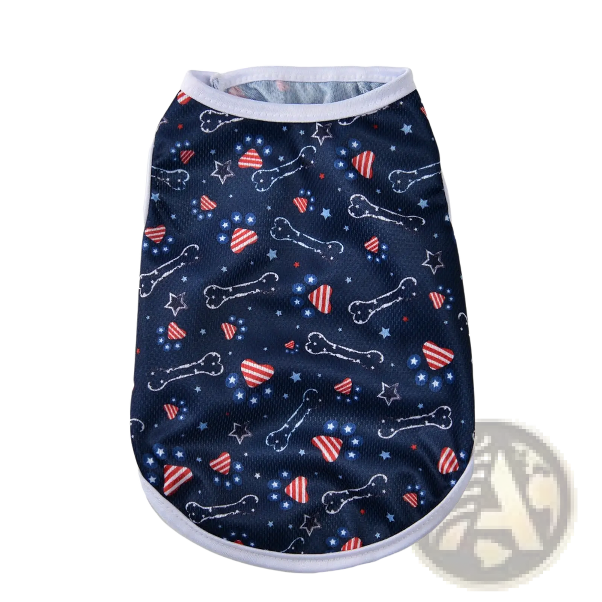 A navy blue mesh american flag dog vest with white bones red and white striped hearts and small stars pattern