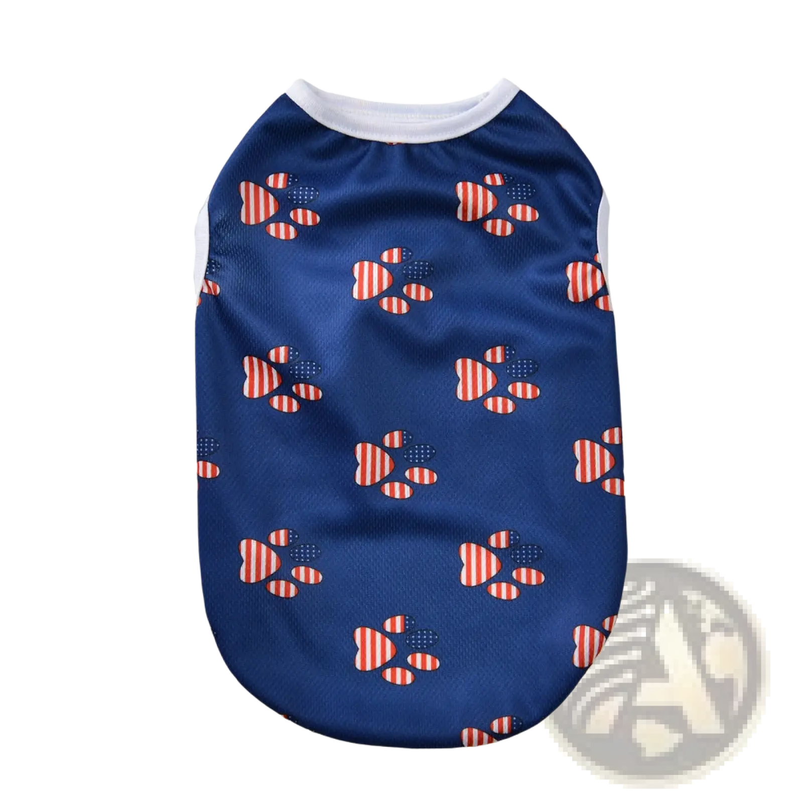 Blue mesh dog shirt with white trim and red paw prints featuring striped patterns for usa pet wear