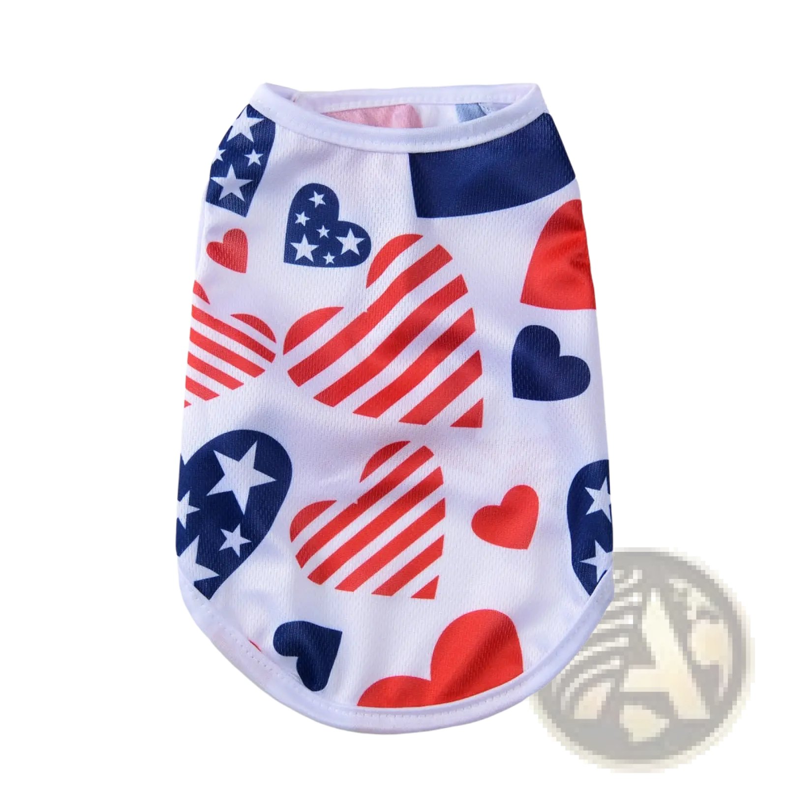 White dog mesh vest shirt with red white and blue heart patterns featuring stars and stripes for usa patriot look