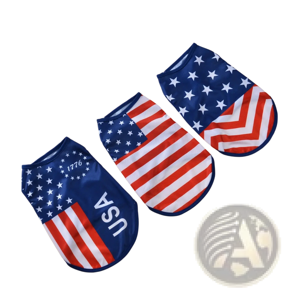 American flag dog mesh vest with usa lettering in red white and blue star pattern for patriotic pet wear