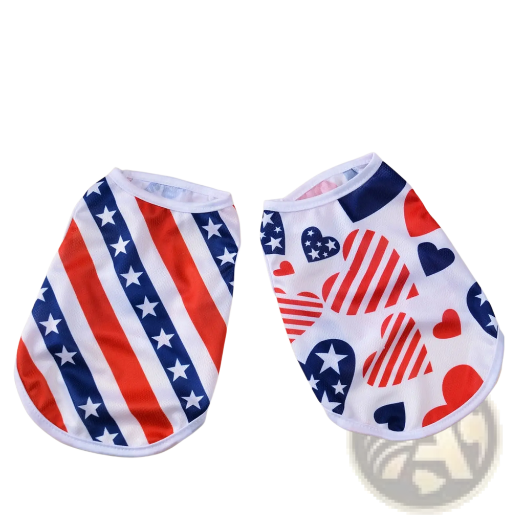 Two american flag dog mesh vests featuring red white and blue patriotic stripes and hearts for usa pet shirts