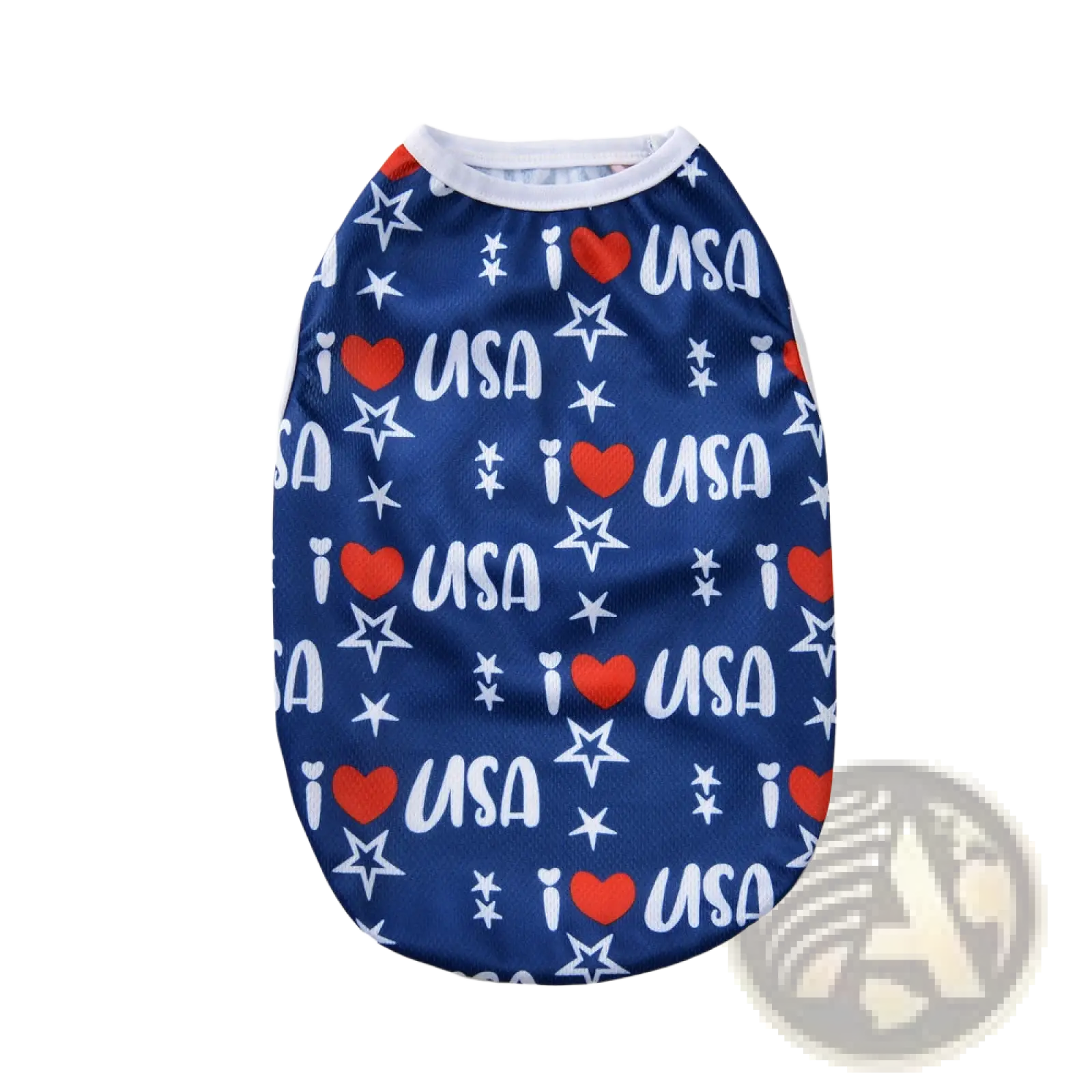 Blue American flag dog mesh vest with white stars red hearts and i heart USA text pattern