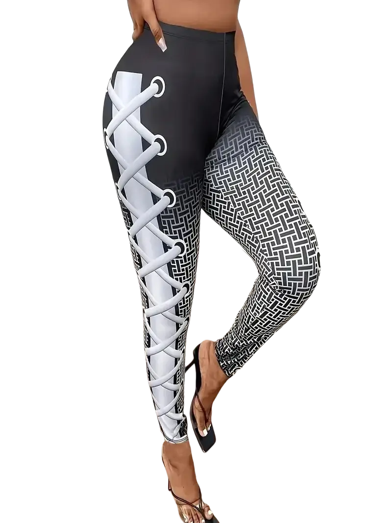 American flag high waisted yoga leggings in black and white with lace-up detail and geometric pattern on one leg