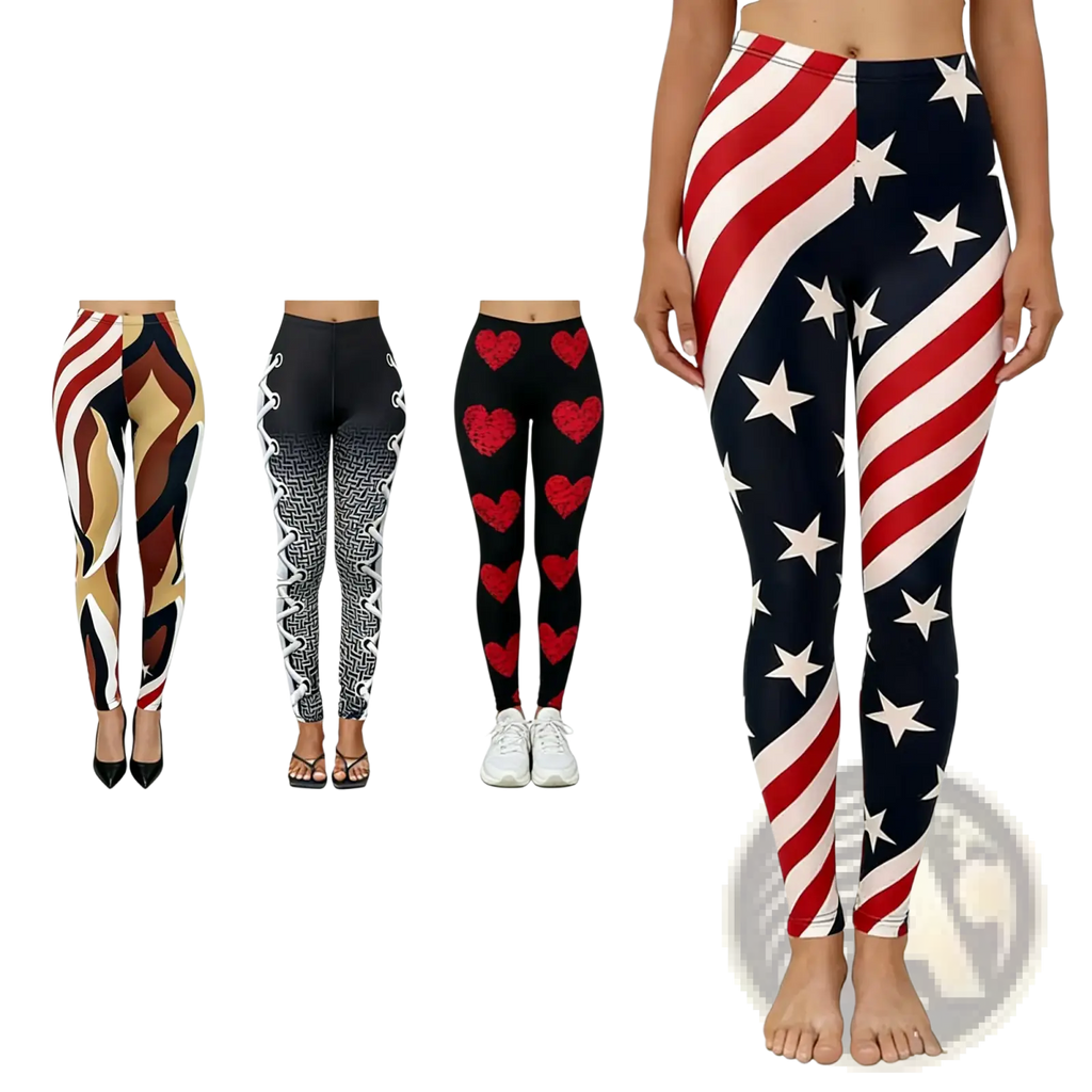 High waisted yoga leggings with bold american flag design featuring red white and navy blue stars and stripes