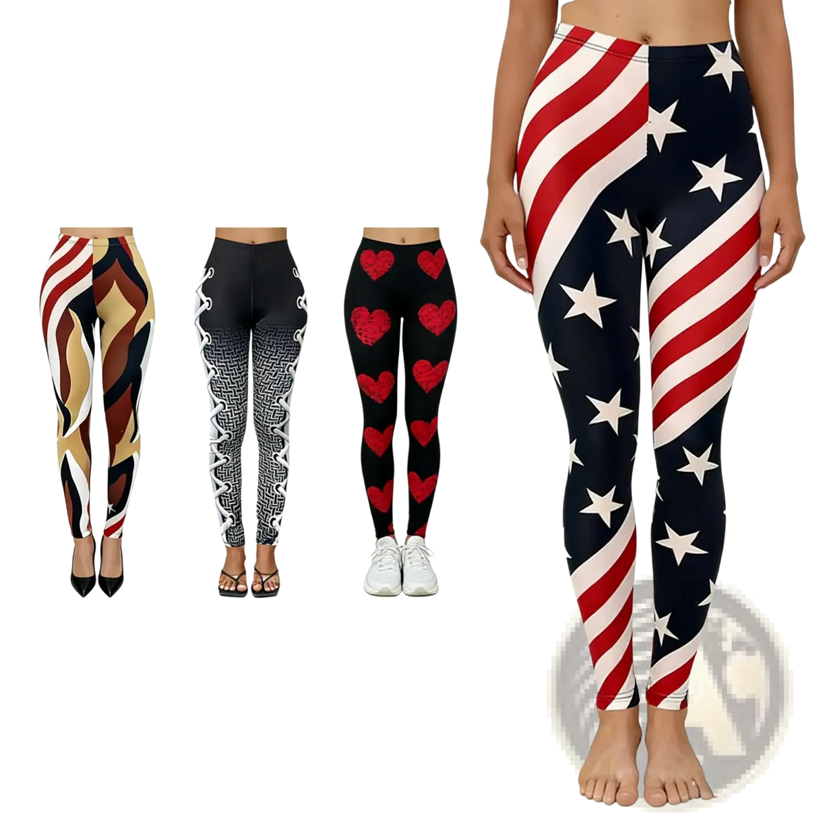 High waisted yoga leggings with bold american flag design featuring red white and navy blue stars and stripes