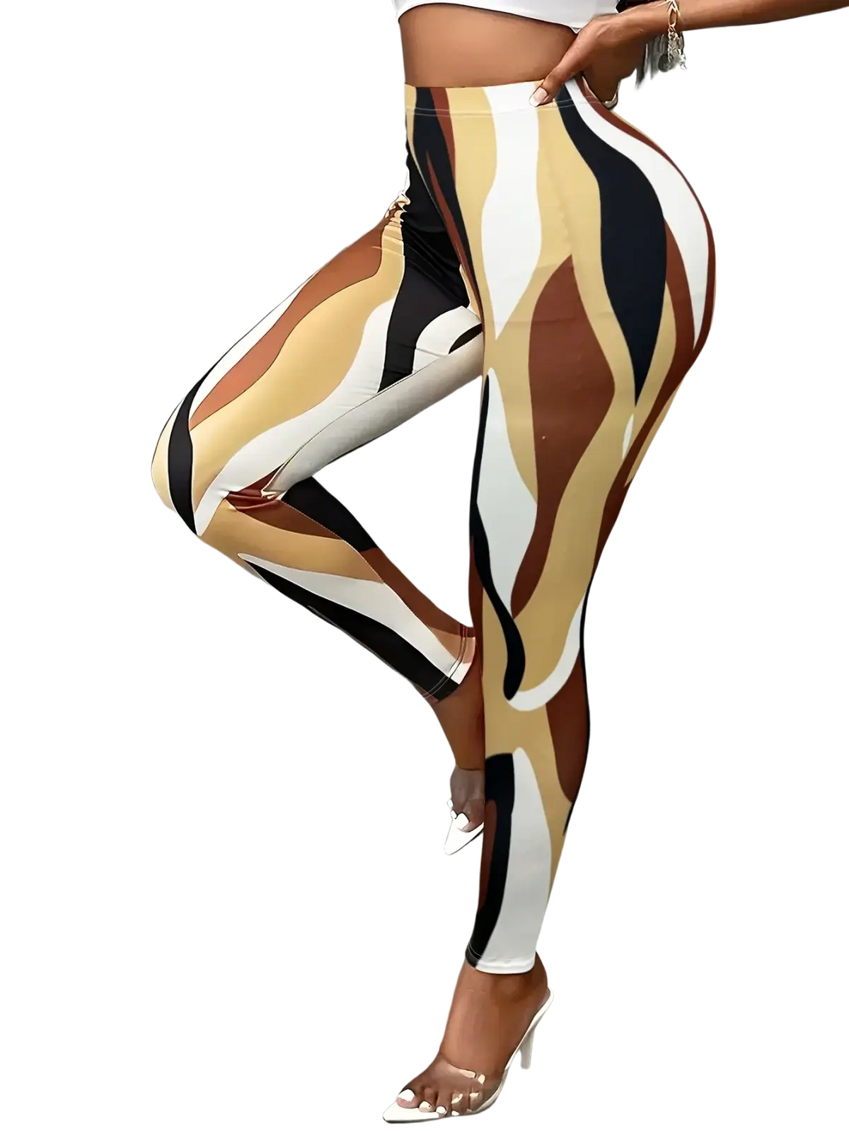 American flag high waisted yoga leggings with tight-fitting fabric and a bold abstract wave pattern in neutral tones