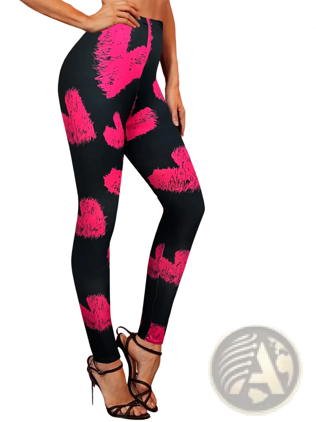 Black American Flag high waisted yoga leggings with vibrant pink fuzzy heart patterns on soft fabric
