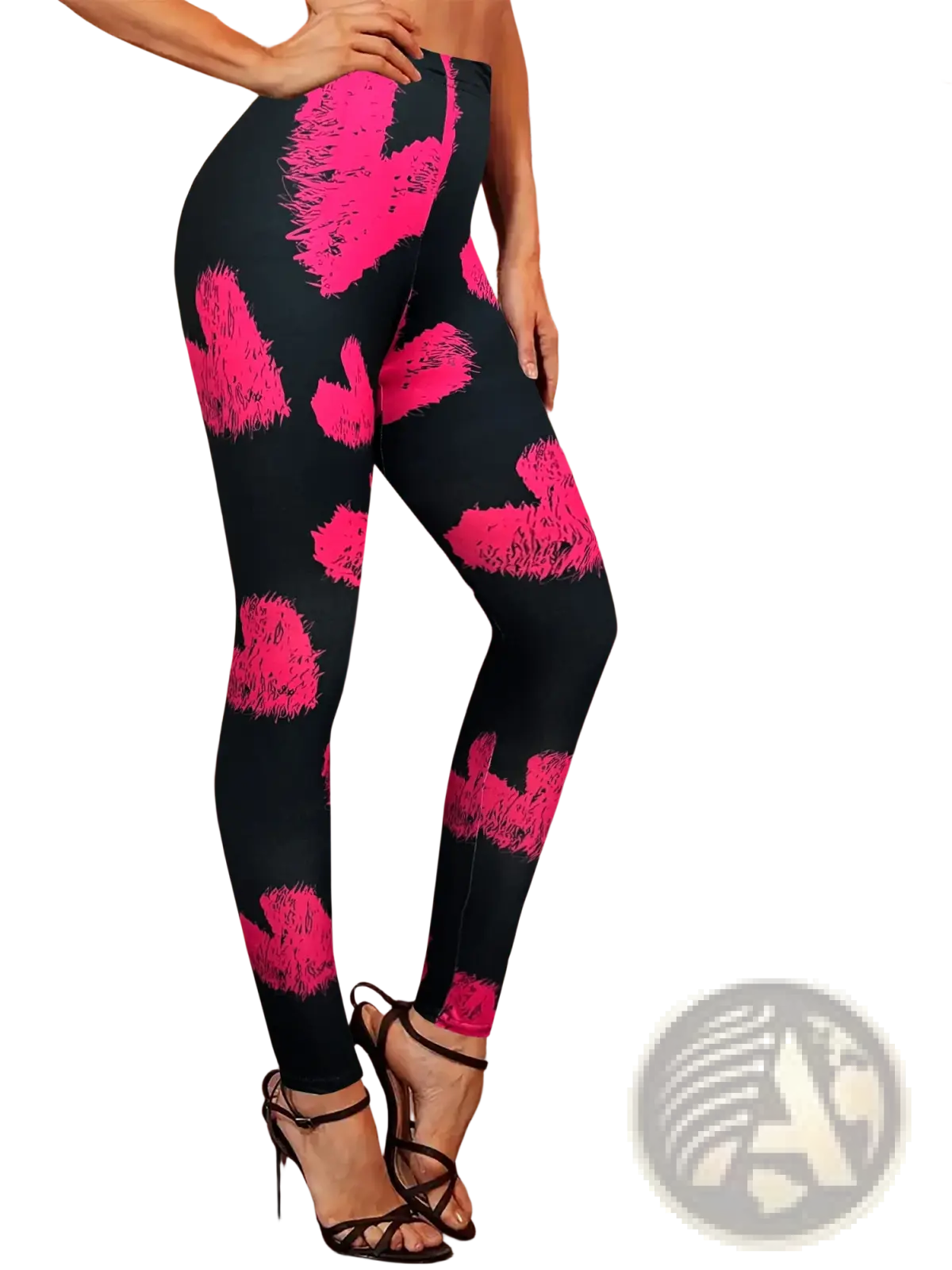 Black American Flag high waisted yoga leggings with vibrant pink fuzzy heart patterns on soft fabric