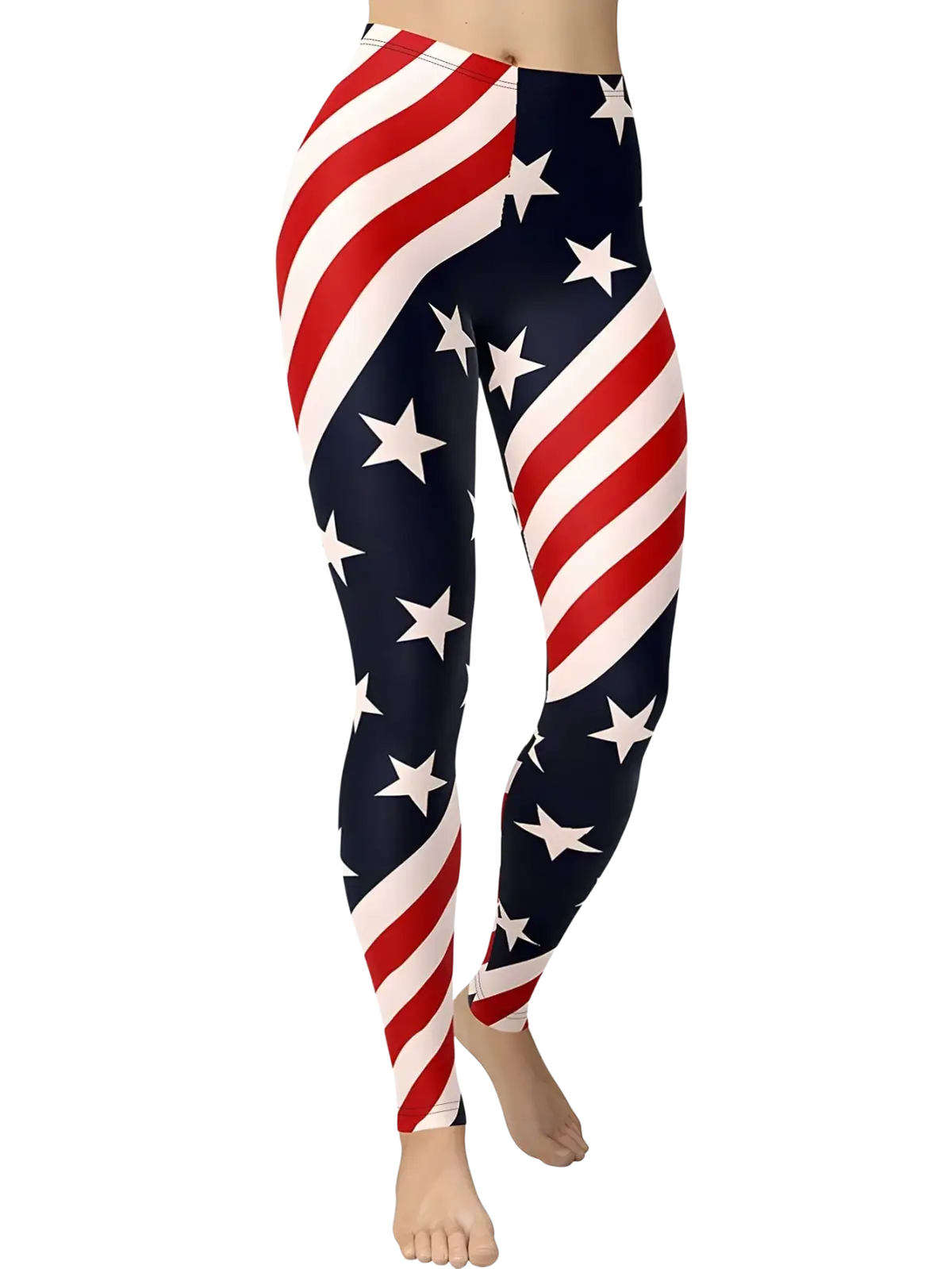 American flag high waisted yoga leggings in red white and blue with a diagonal stripe pattern