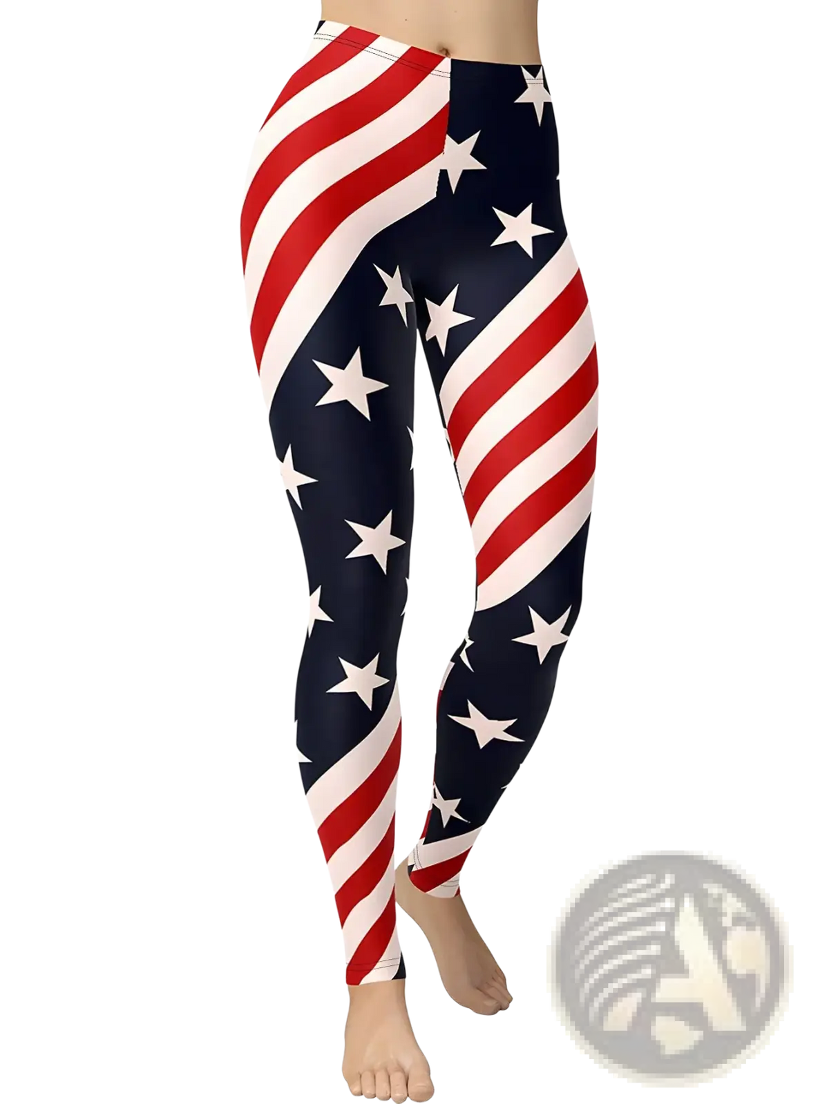 American flag high waisted yoga leggings in red white and blue with a diagonal stripe pattern