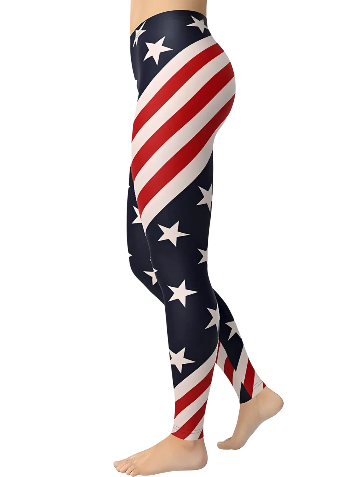 American flag high waisted yoga leggings with red white and navy blue stripes and stars design