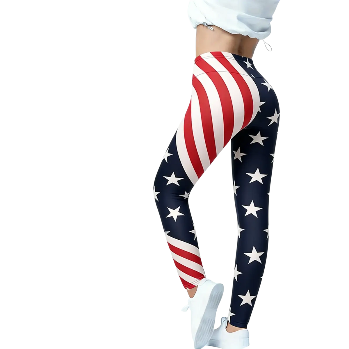 American flag high waisted yoga leggings featuring red white and navy blue stripes and stars for activewear