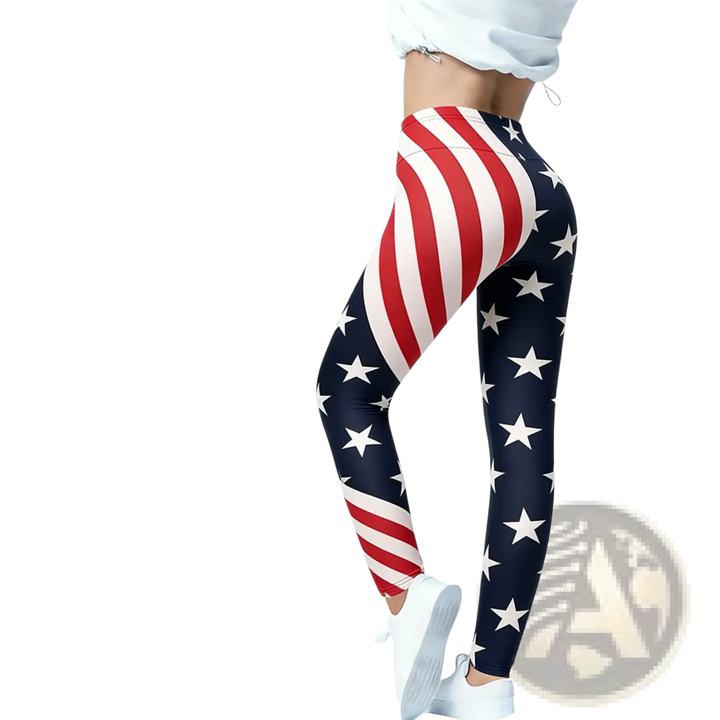 American flag high waisted yoga leggings featuring red white and navy blue stripes and stars for activewear