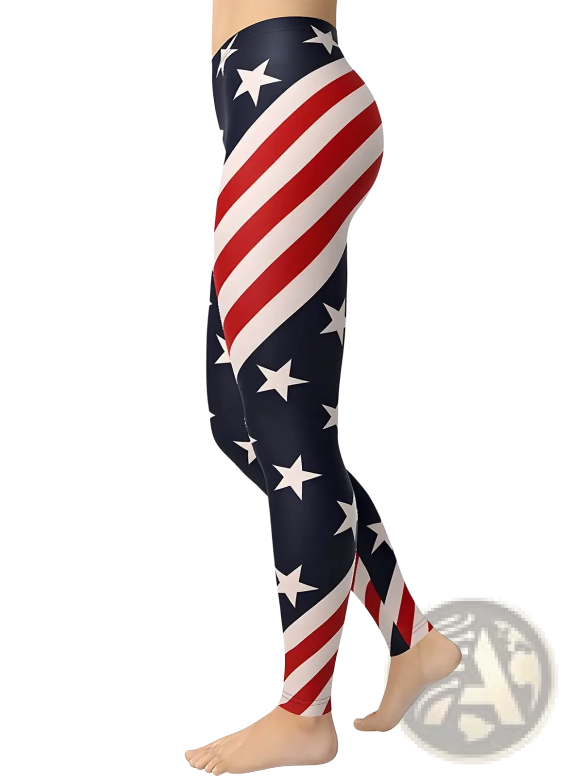 American flag high waisted yoga leggings with red white and navy blue stripes and stars design
