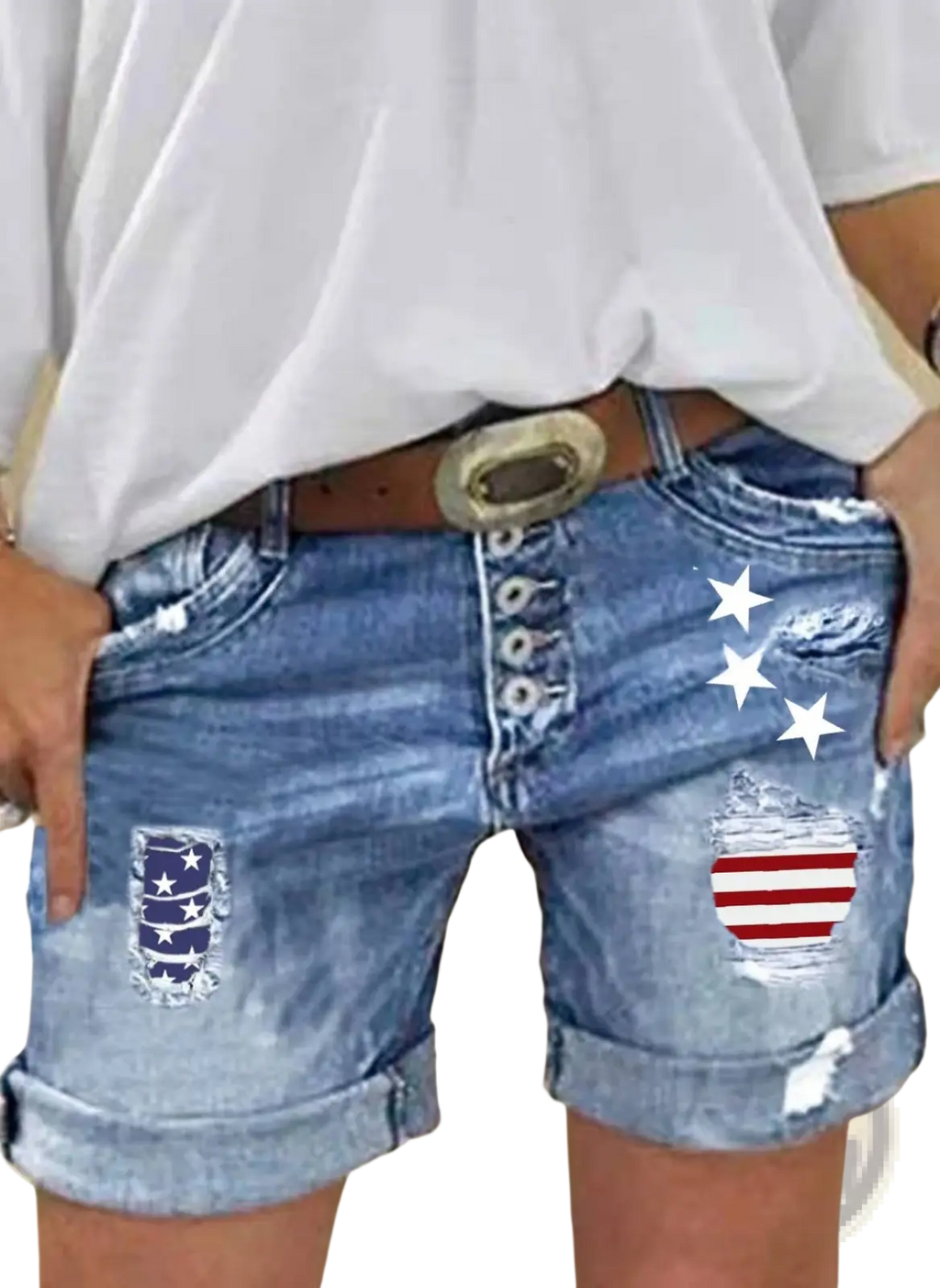 Blue denim american flag ripped shorts with distressed patches and rolled cuffs for casual summer wear