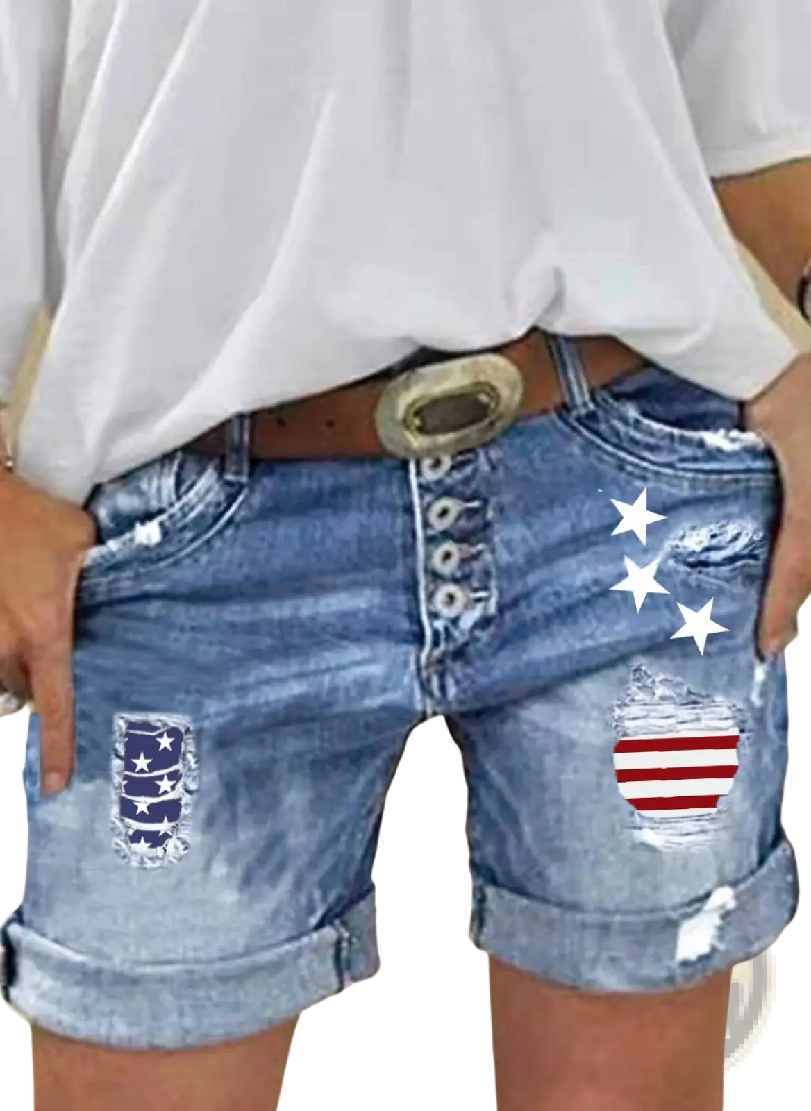 Blue denim american flag ripped shorts with distressed patches and rolled cuffs for casual summer wear