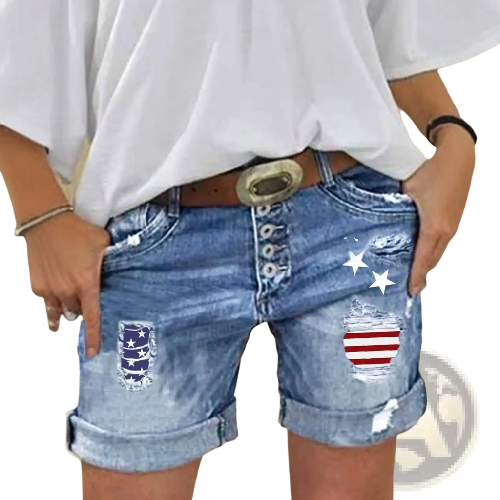 American flag ripped denim shorts in blue with distressed patches and a button-front closure