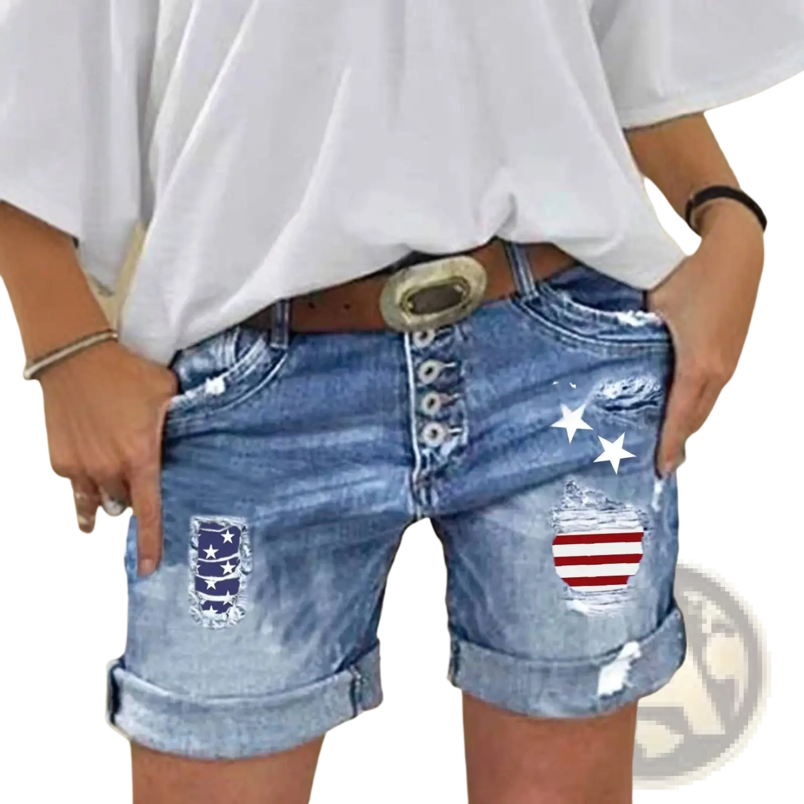 American flag ripped denim shorts in blue with distressed patches and a button-front closure