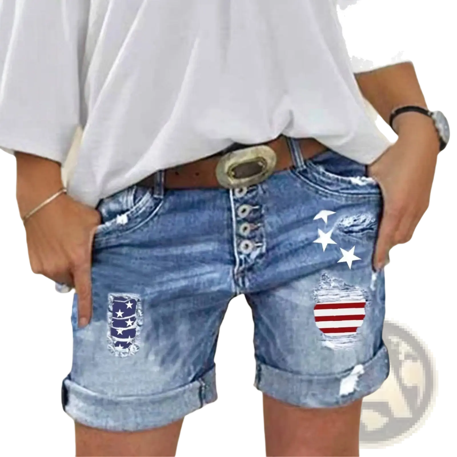 Blue denim shorts with distressed american flag patches and rolled cuffs in ripped american flag denim shorts design