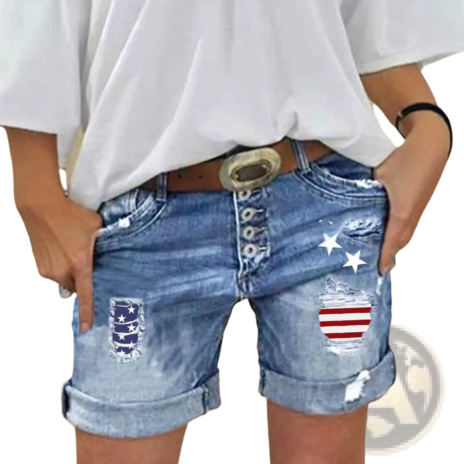 Blue denim shorts with distressed ripped patches featuring american flag designs and button-front closure