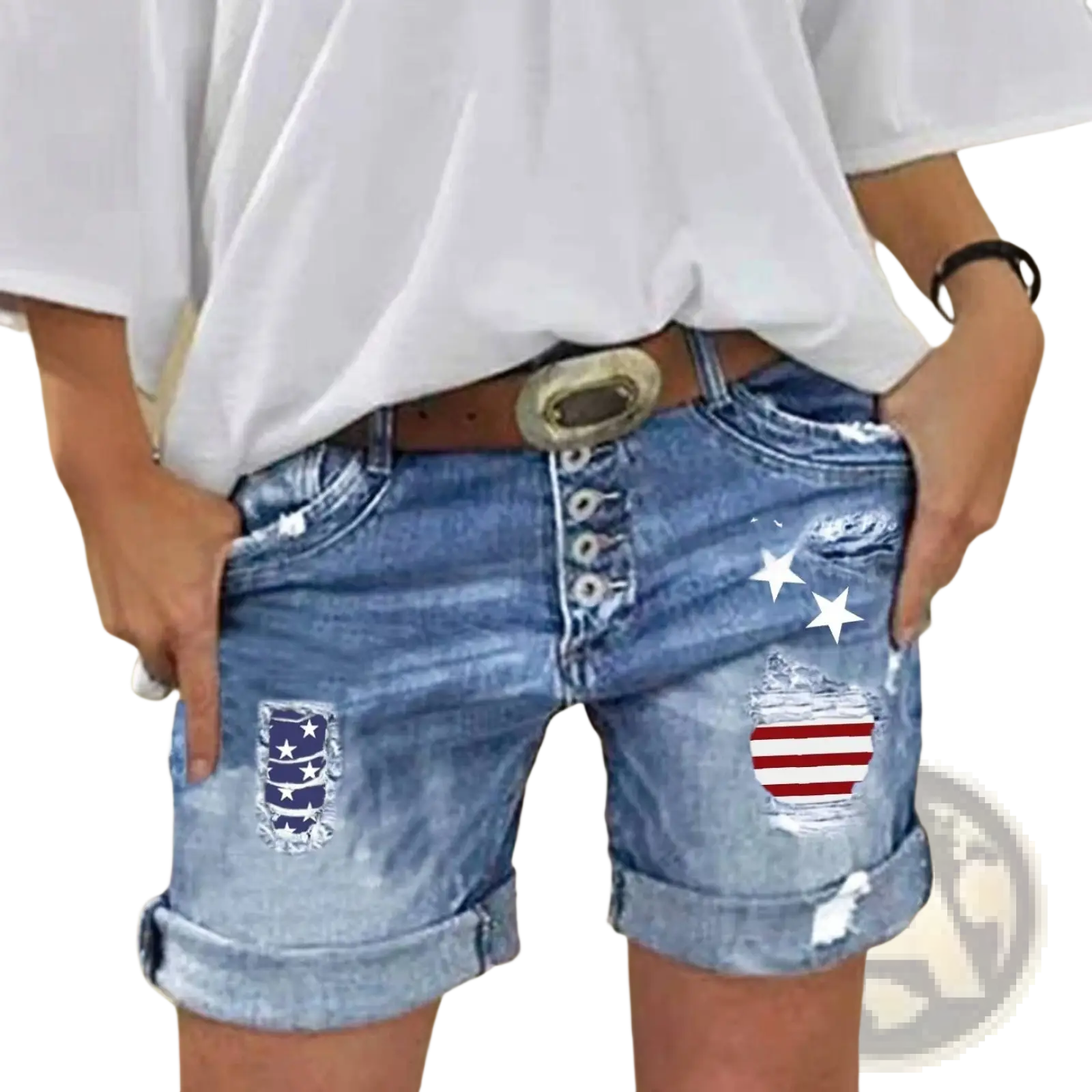 Blue denim American flag ripped shorts with distressed patches and a rolled hem for casual summer wear