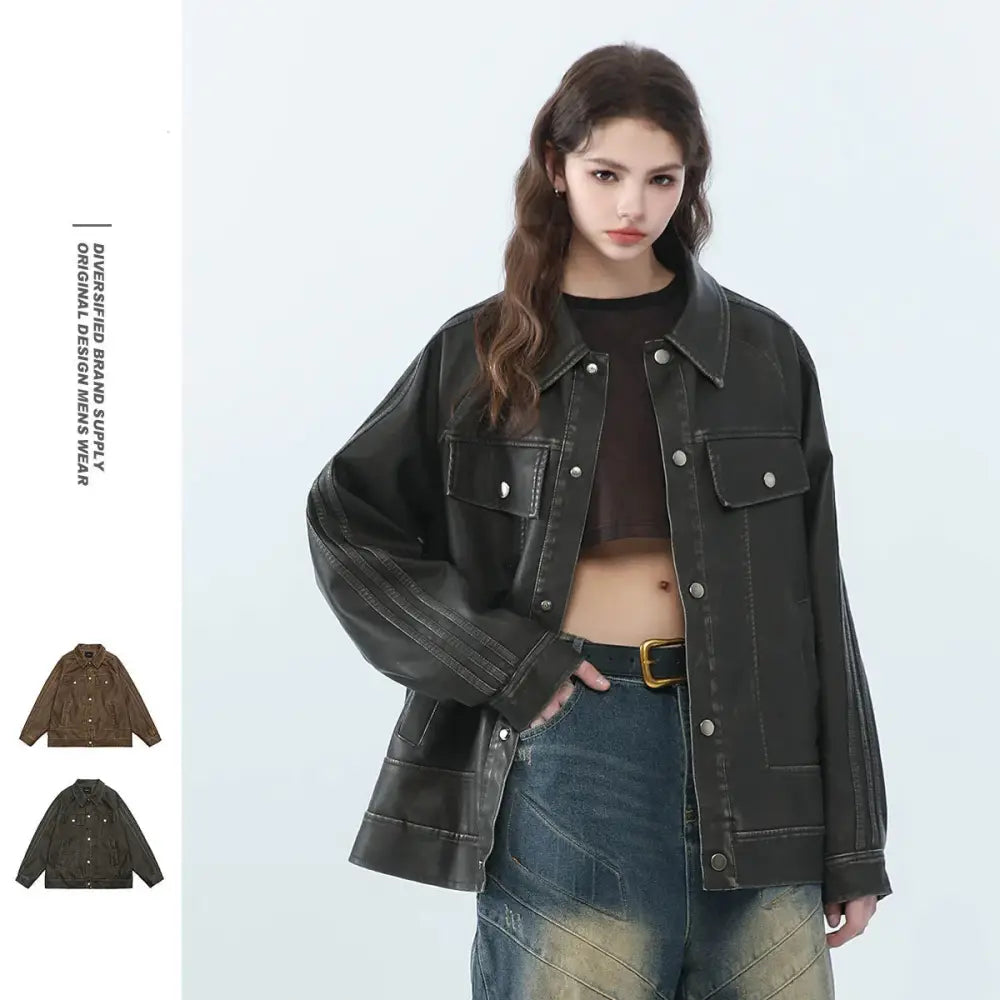 Black distressed unisex pu leather biker jacket with silver buttons and flap pockets in retro style