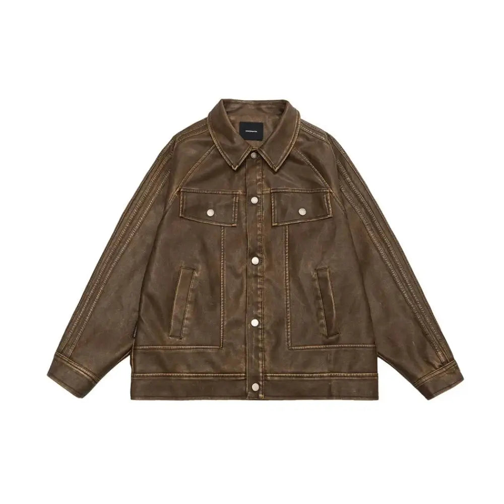 A brown retro distressed unisex pu leather biker jacket with classic collar front button closure and two chest pockets