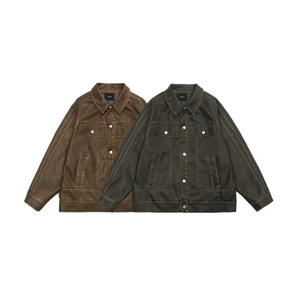 Two retro distressed unisex pu leather biker jackets in rich brown and olive green with classic button closures and stitching