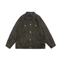 Dark olive green faux leather biker jacket with contrasting white stitching and silver buttons in retro distressed style