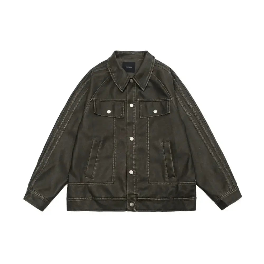 Dark olive green faux leather biker jacket with contrasting white stitching and silver buttons in retro distressed style