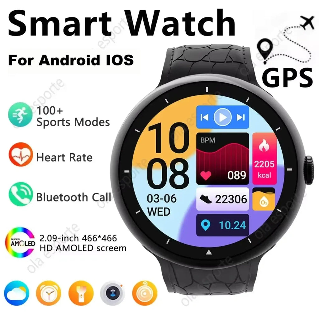 Black amoled bluetooth call smart watch with 2.09 inch hd amoled screen, textured rubber strap, and gps for android ios